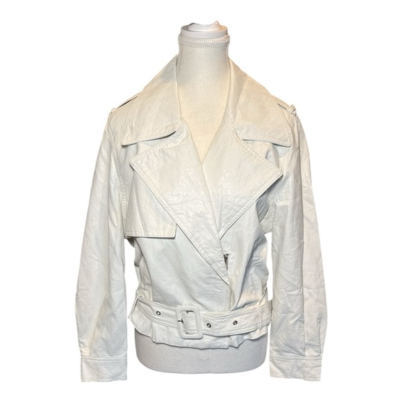 Zara White Faux Leather Moto Jacket Belted Oversized Lapel Medium - Picture 7 of 10